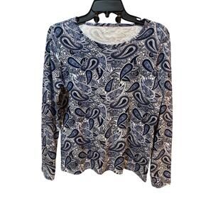 Kim Rogers Women’s Blue White Paisley 100% Cotton Long Sleeve TShirt Size Medium